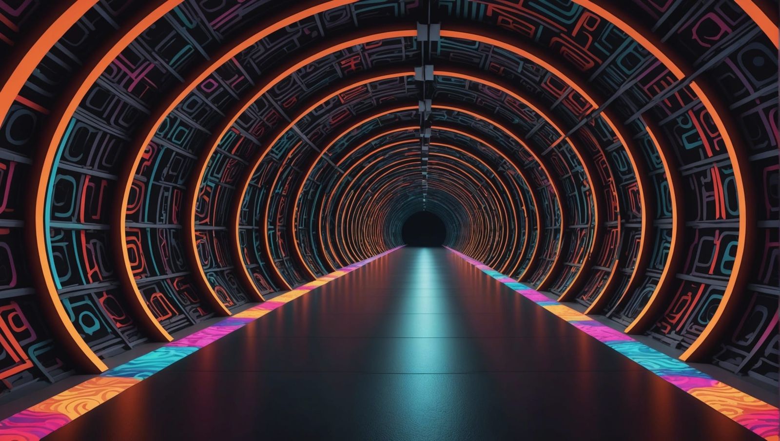 Surreal Endless Dark Tunnel With Colorful Patterns