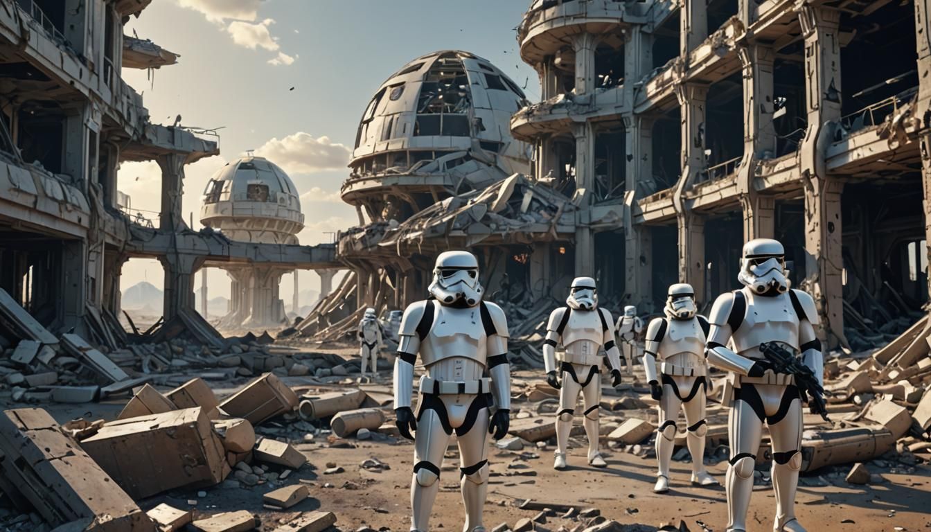 Stormtroopers Survey Ruined Spaceport in Art Nouveau Style