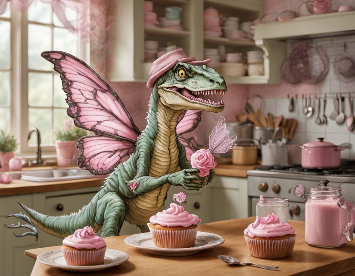 Velociraptor Decorates Fairy Cakes in Cottagecore Kitchen