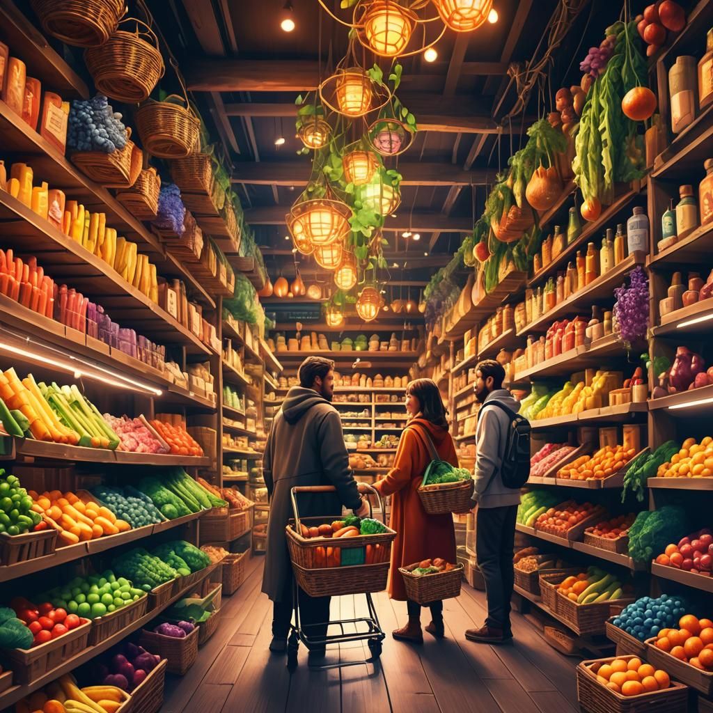Mystical Market with Glowing Groceries: Fantasy Art