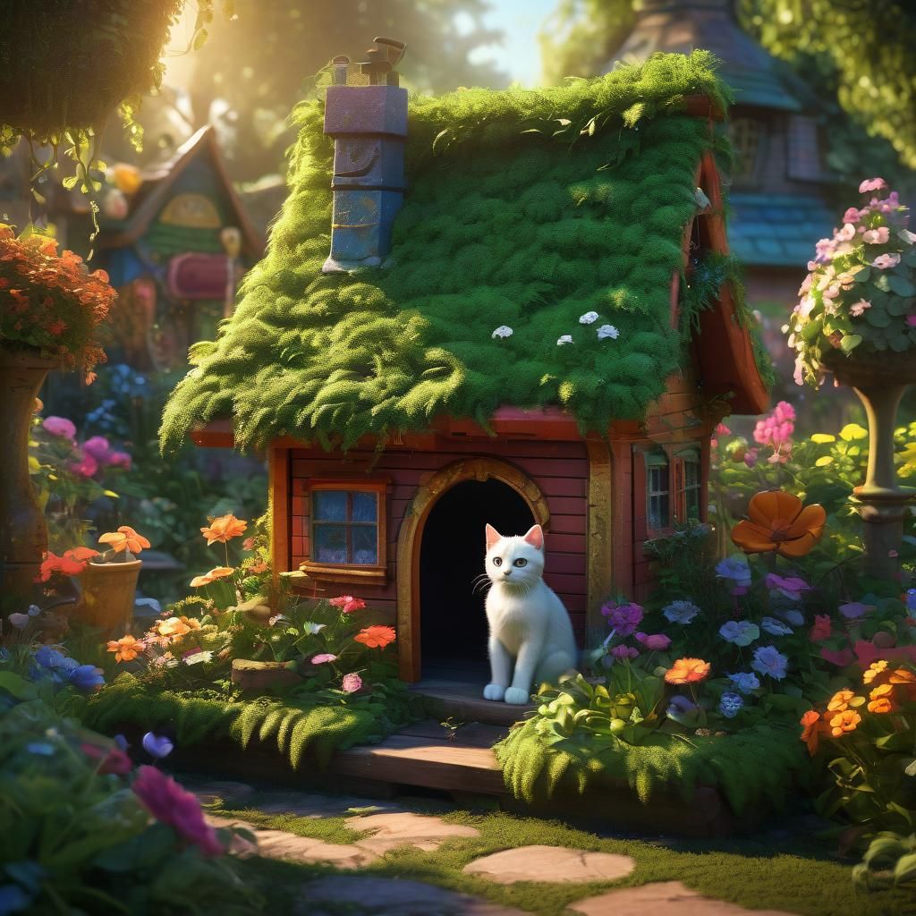 Whimsical Fantasy Scene with Cute Kitten on Snoopy Doghouse