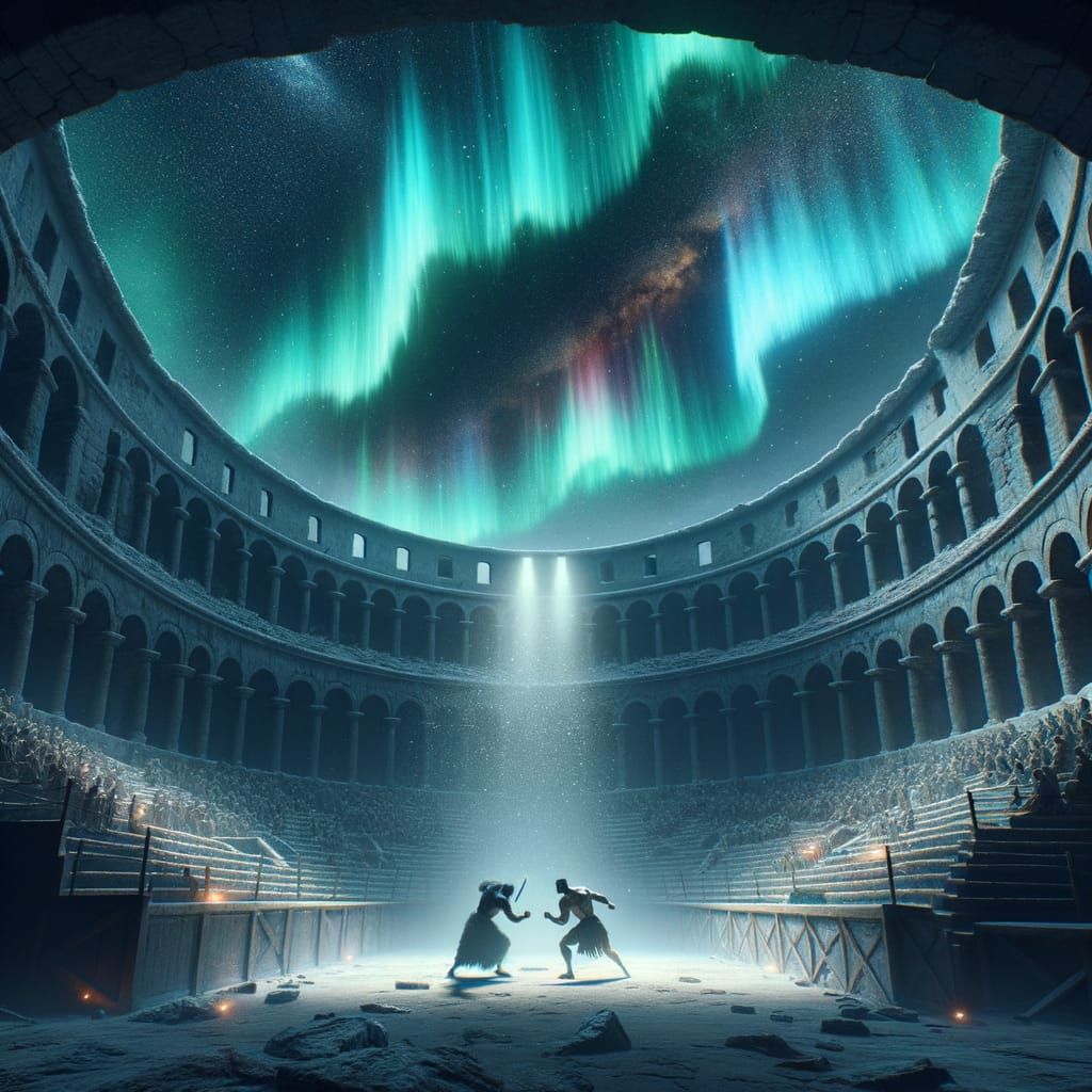 Gladiators Battle Under Aurora Borealis Digital Rendering