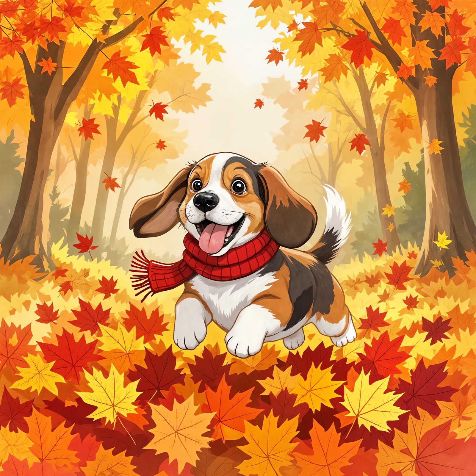 Basset Hound Leaping into Autumn Leaves with Knitted Scarf