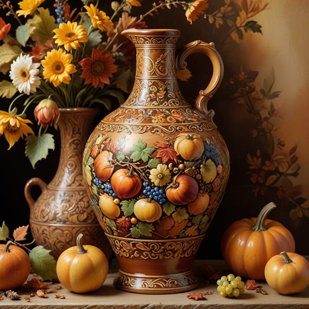 Maiolica Autumn Harvest Painting with Ceramic Jug
