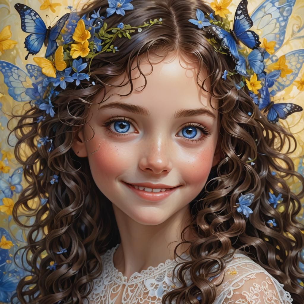 Fairy Girl Portrait with Bluebell and Butterfly Background