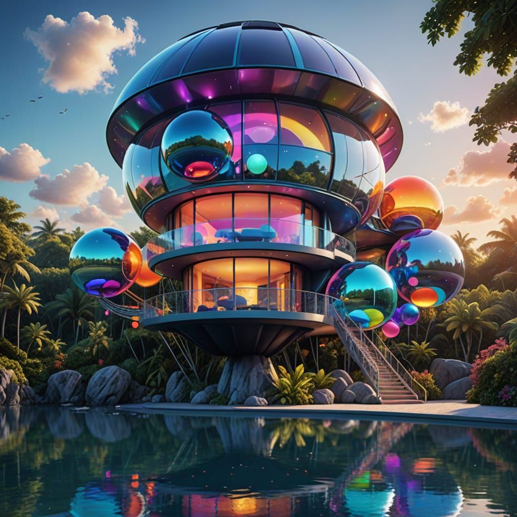 Psychedelic Futuristic House Floating on Water