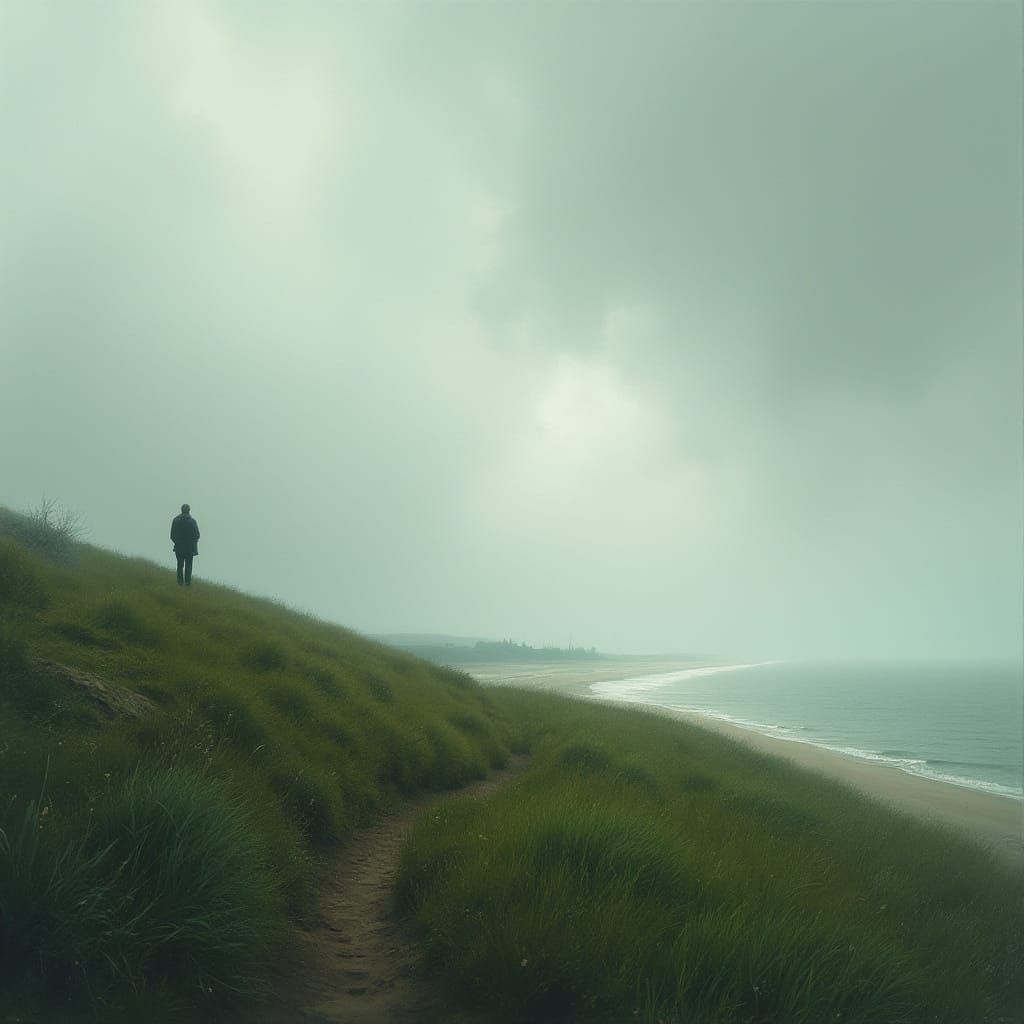 Lone Figure Overlooks Moody Beach Scene in Digital Illustrat...
