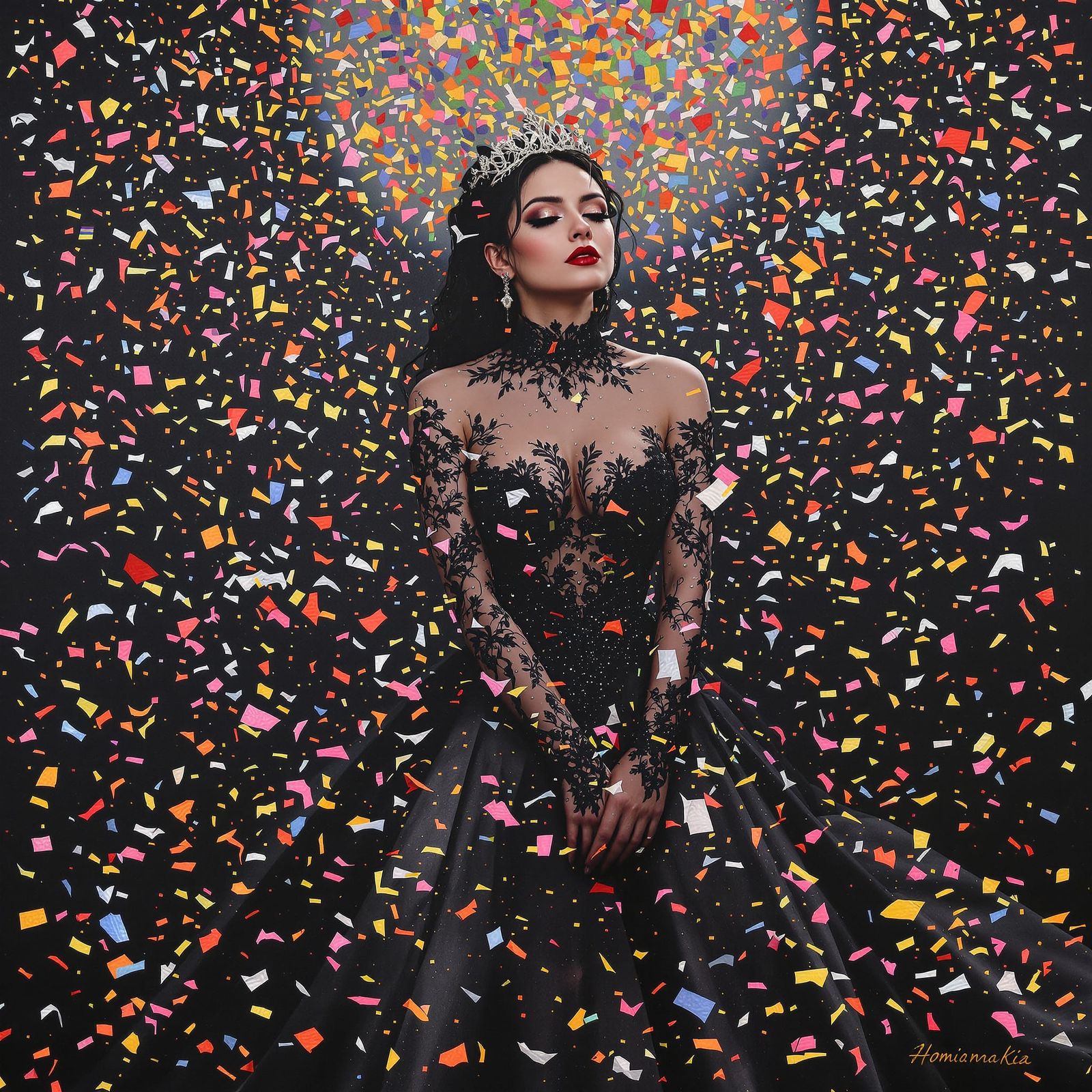 Goth Bride in Black Wedding Dress Amidst Rainbow Confetti