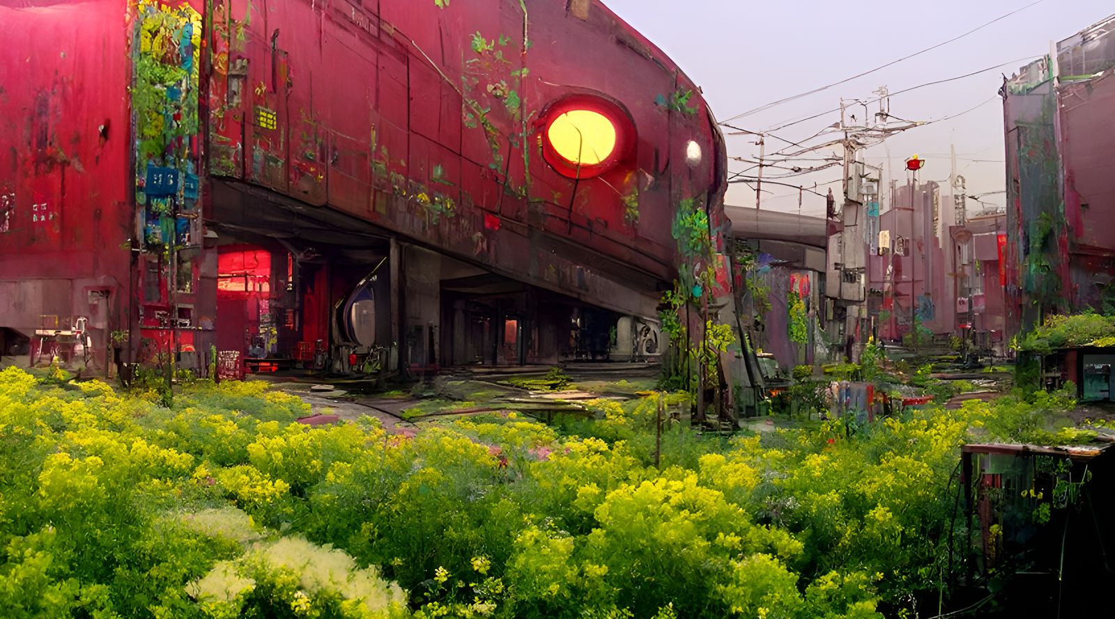 Nature's Reclamation: Overgrown Trainyard in Solarpunk Style