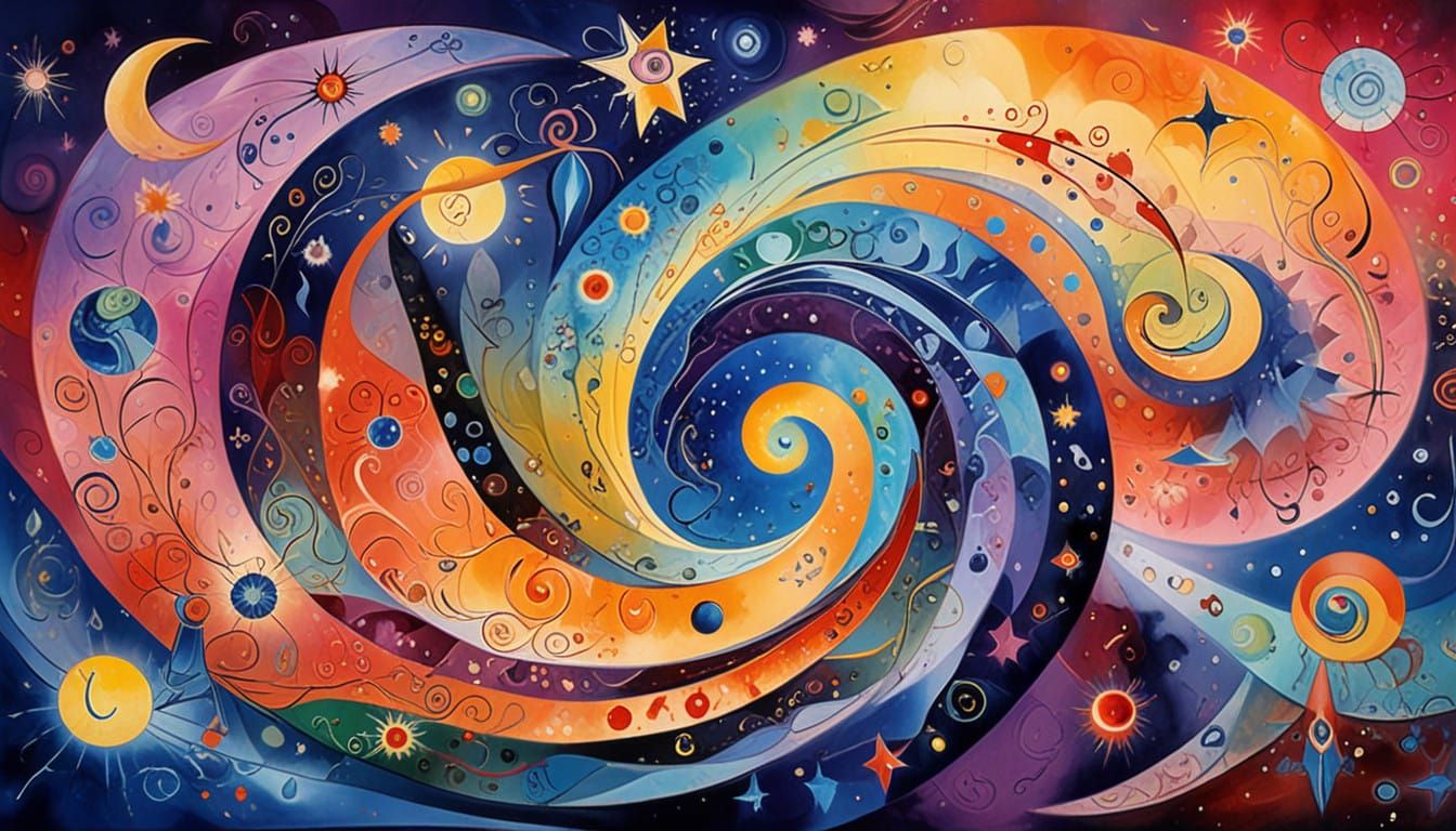 Cosmic Sunset with Swirling Stars and Vortex Tunnel