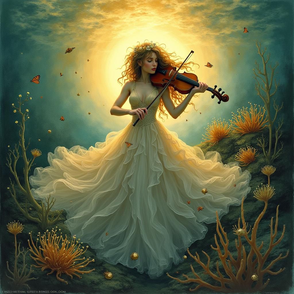 Underwater Muse with Violin in Pre-Raphaelite Style