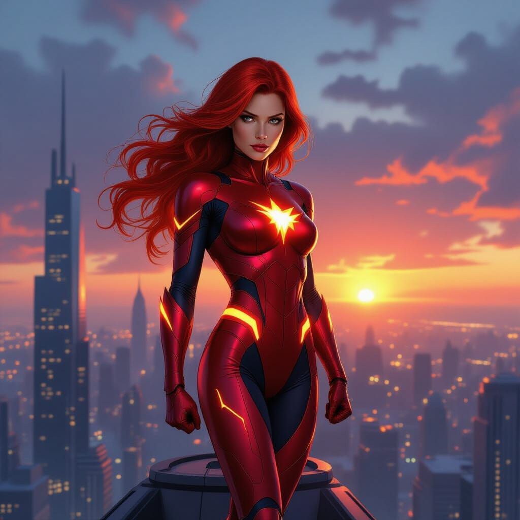 Superheroine Overlooking Futuristic City at Sunset