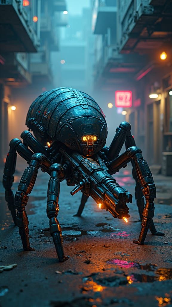 Cybernetic Tarantula Bounty Hunter in Cyberpunk Style