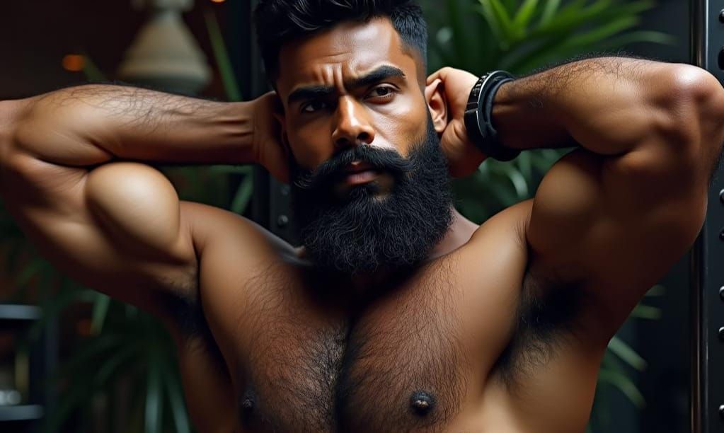 Hairy South Indian Man Posing in Gym