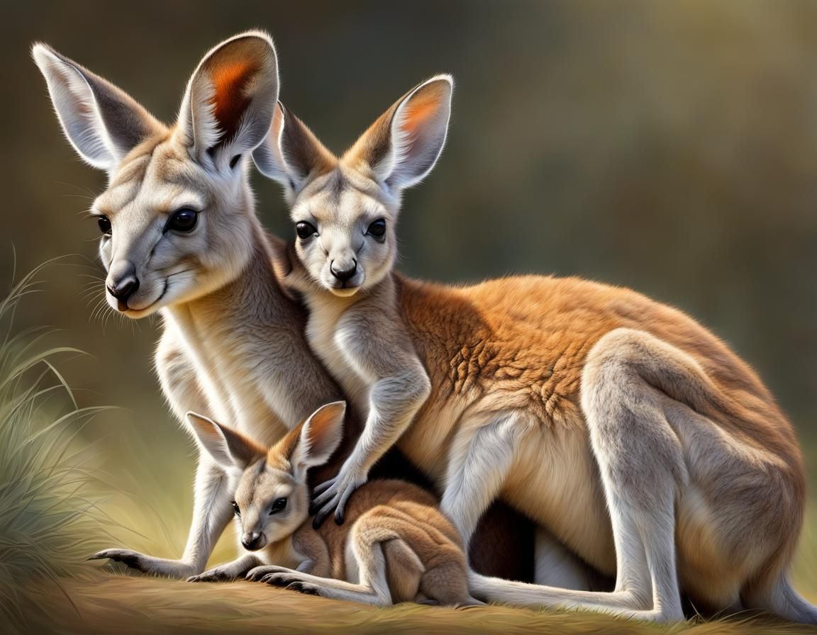 Kangaroos in Pouch: Wildlife Digital Painting