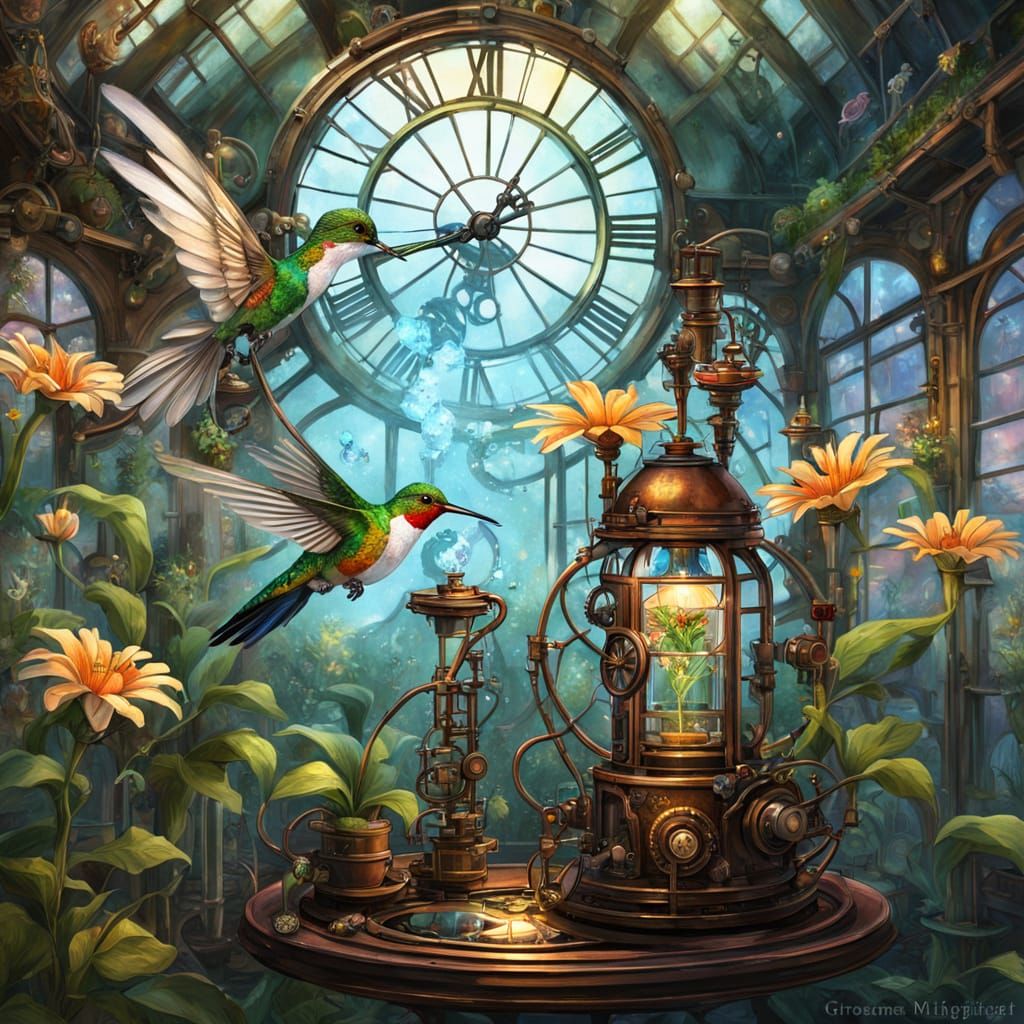 Steampunk Hummingbird in Victorian Greenhouse