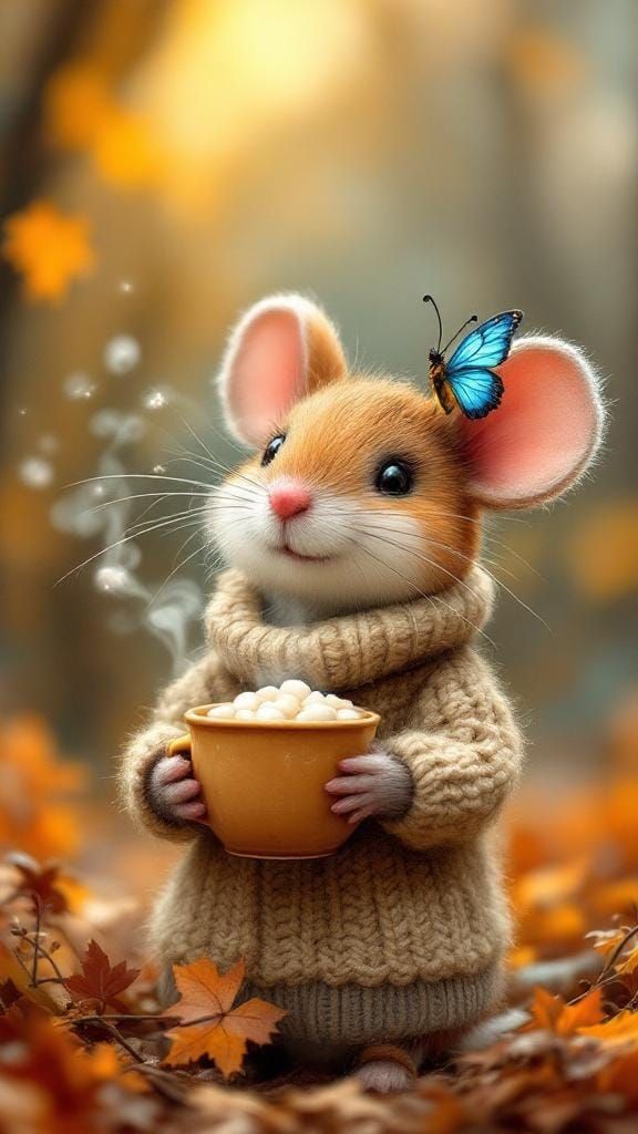 Felted Mouse with Hot Chocolate in Watercolor Autumn Scene