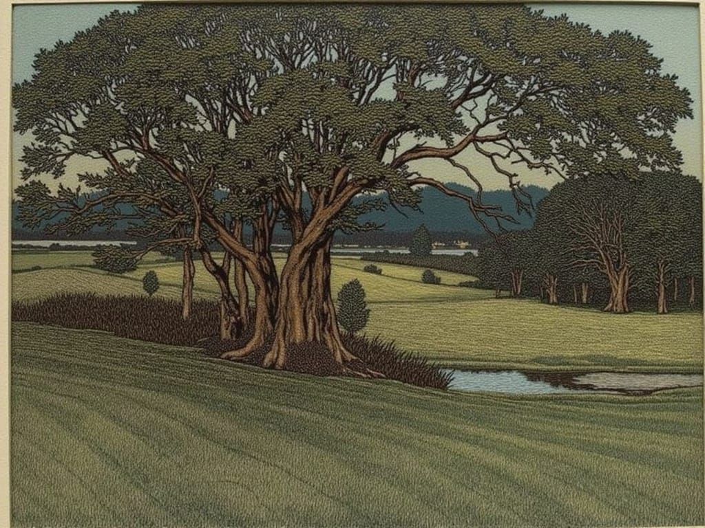 Luminous Landscape with Majestic Oak Trees and Serene Lake a...