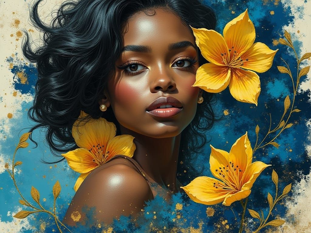 Stunning Black Woman in Ethereal Blue and Gold