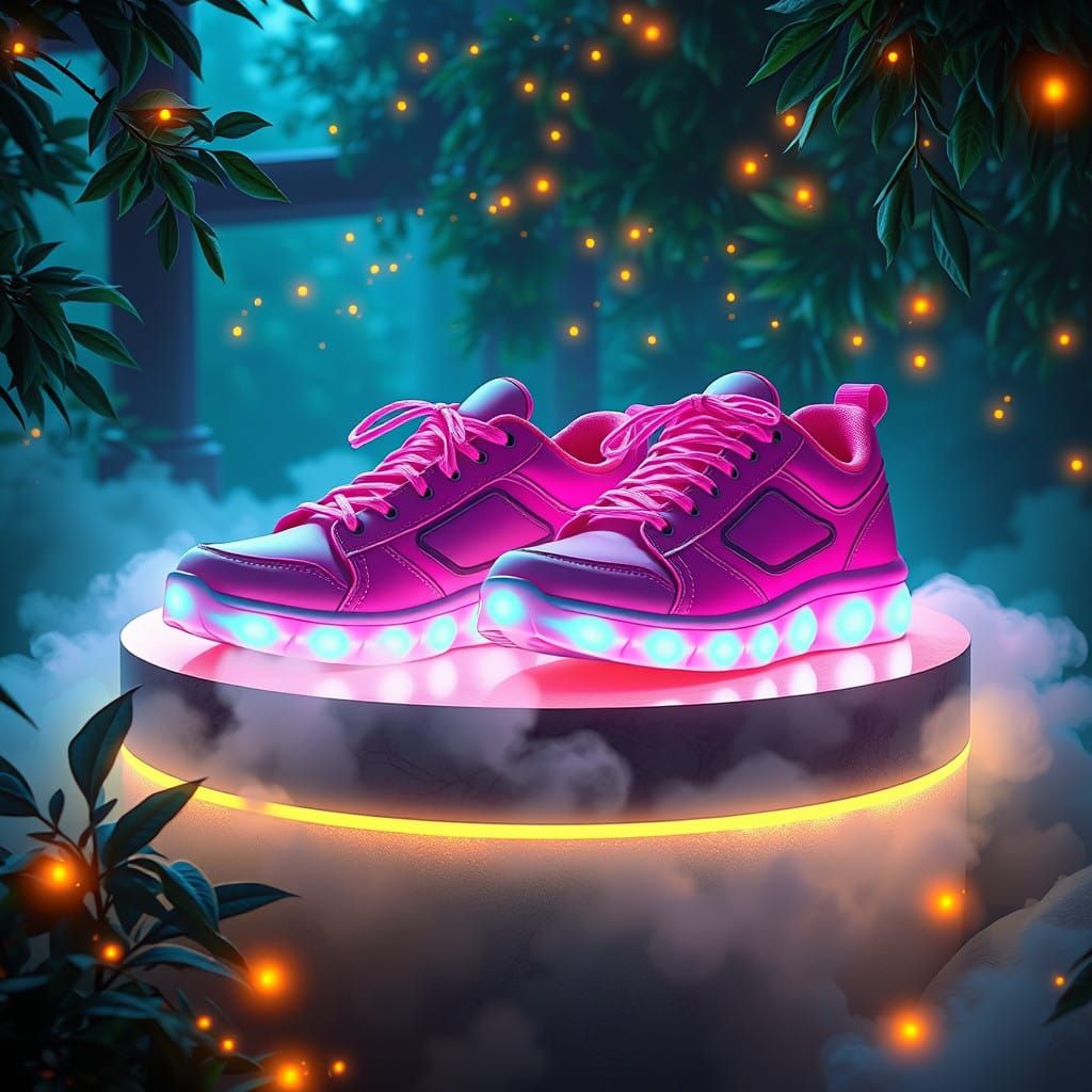 Surreal Neon Pink Sneakers in Dreamlike Fantasy Landscape
