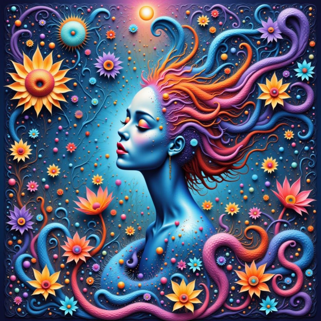 Neon Fractal Mother and Children in Pointillist Style