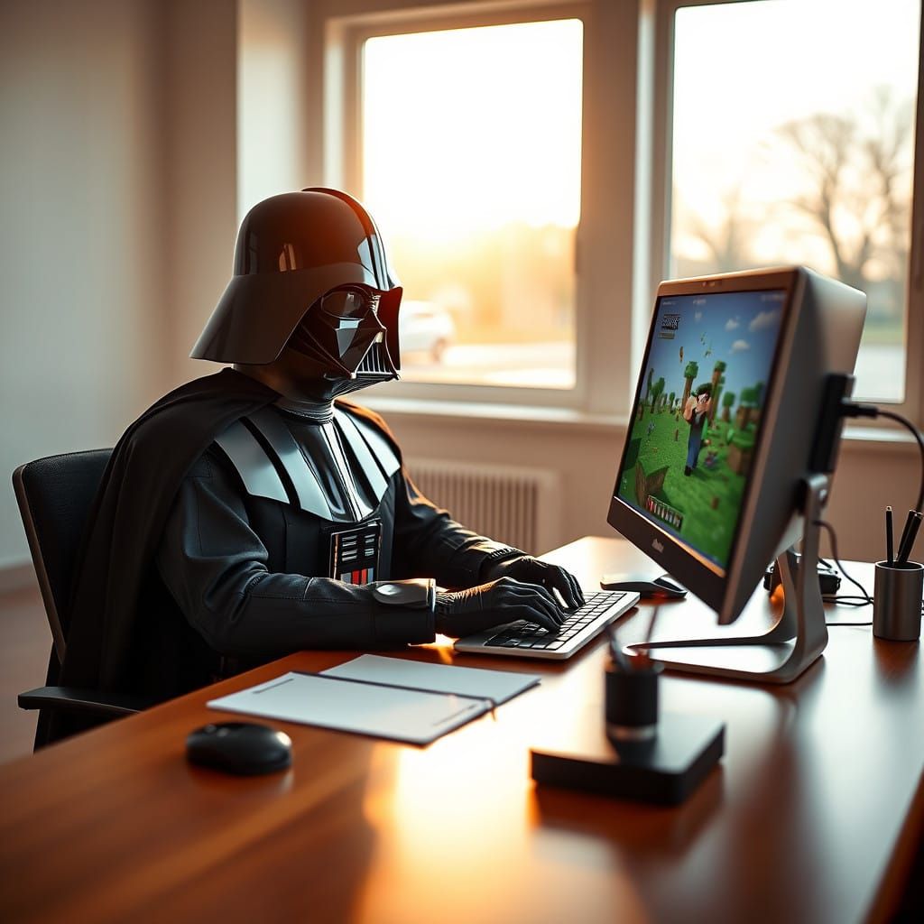 Darth Vader Engages in Relaxing Gaming Session in a Bright O...