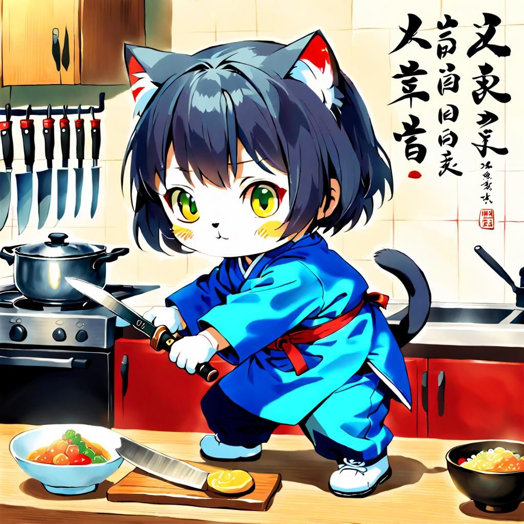 Kitten's Karma: Japanese-Style Digital Illustration