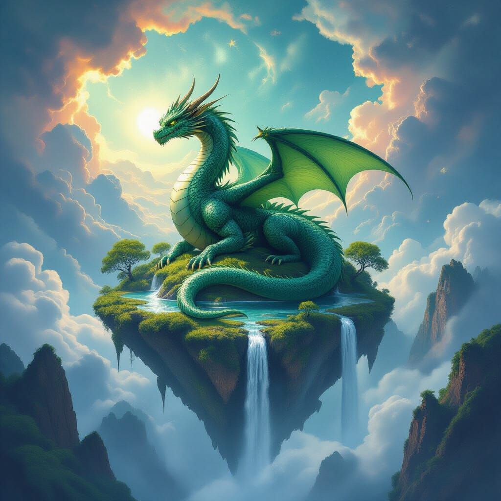 Emerald Dragon on Floating Island with Upward Waterfalls