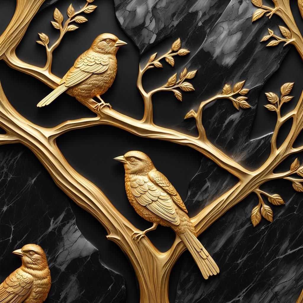Bas-Relief Sculpture of Birds in Marble Trees