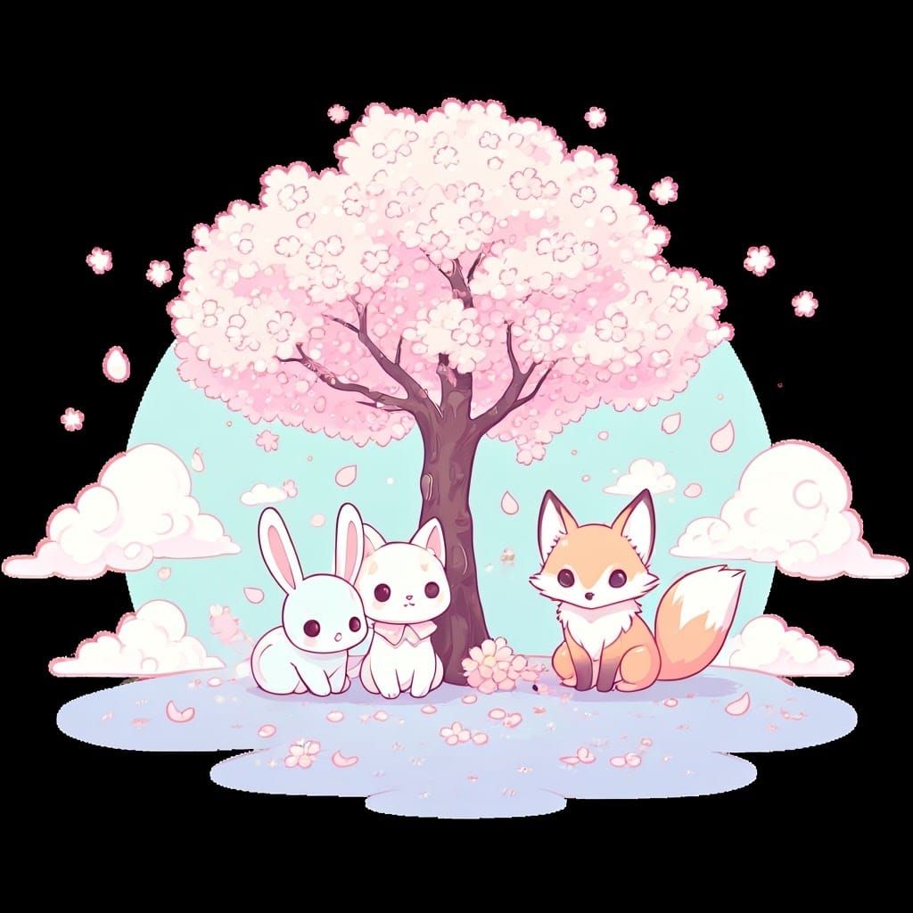 Pastel Kawaii Animals Under Cherry Blossom Tree