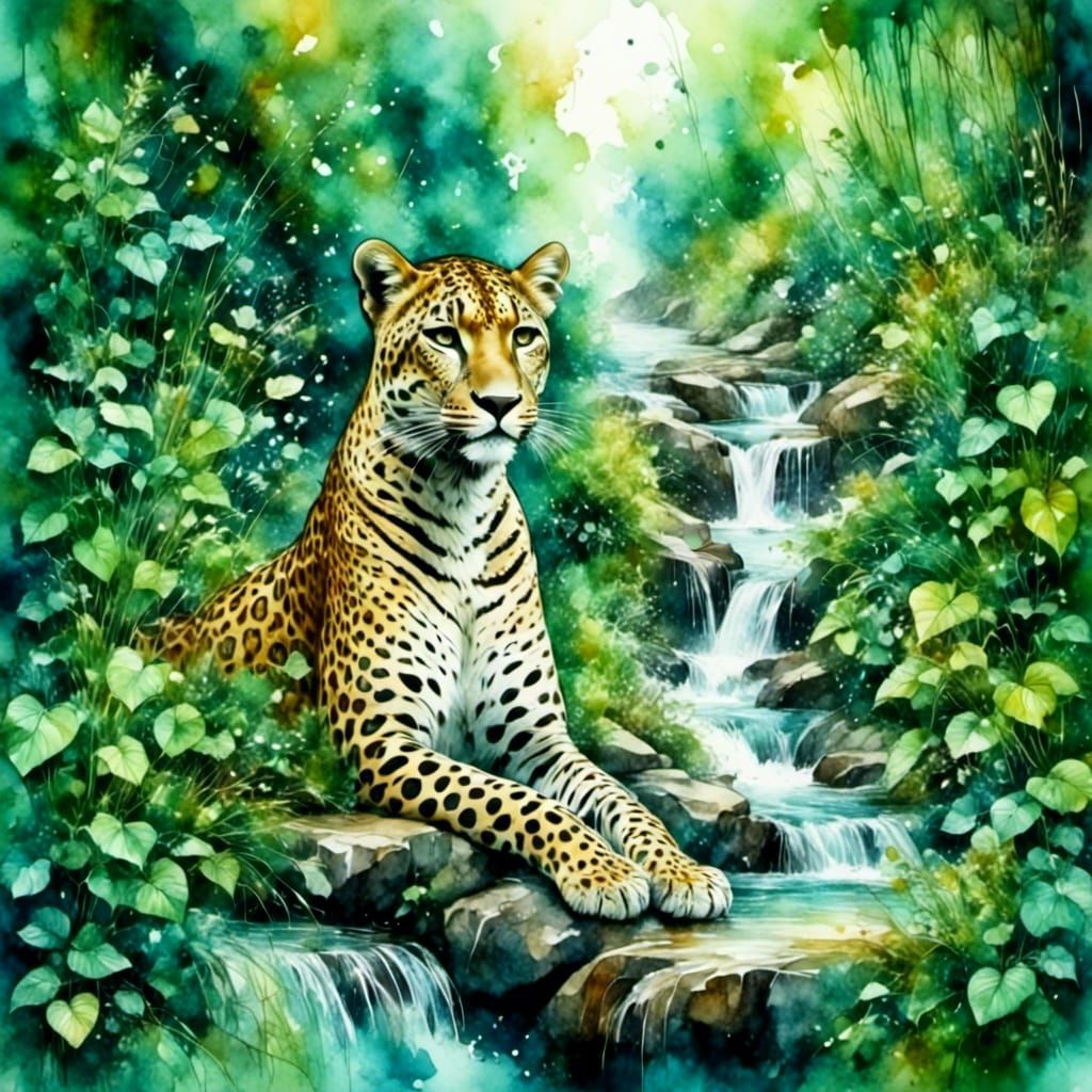 Sublime Leopard in Lush Watercolor Landscape