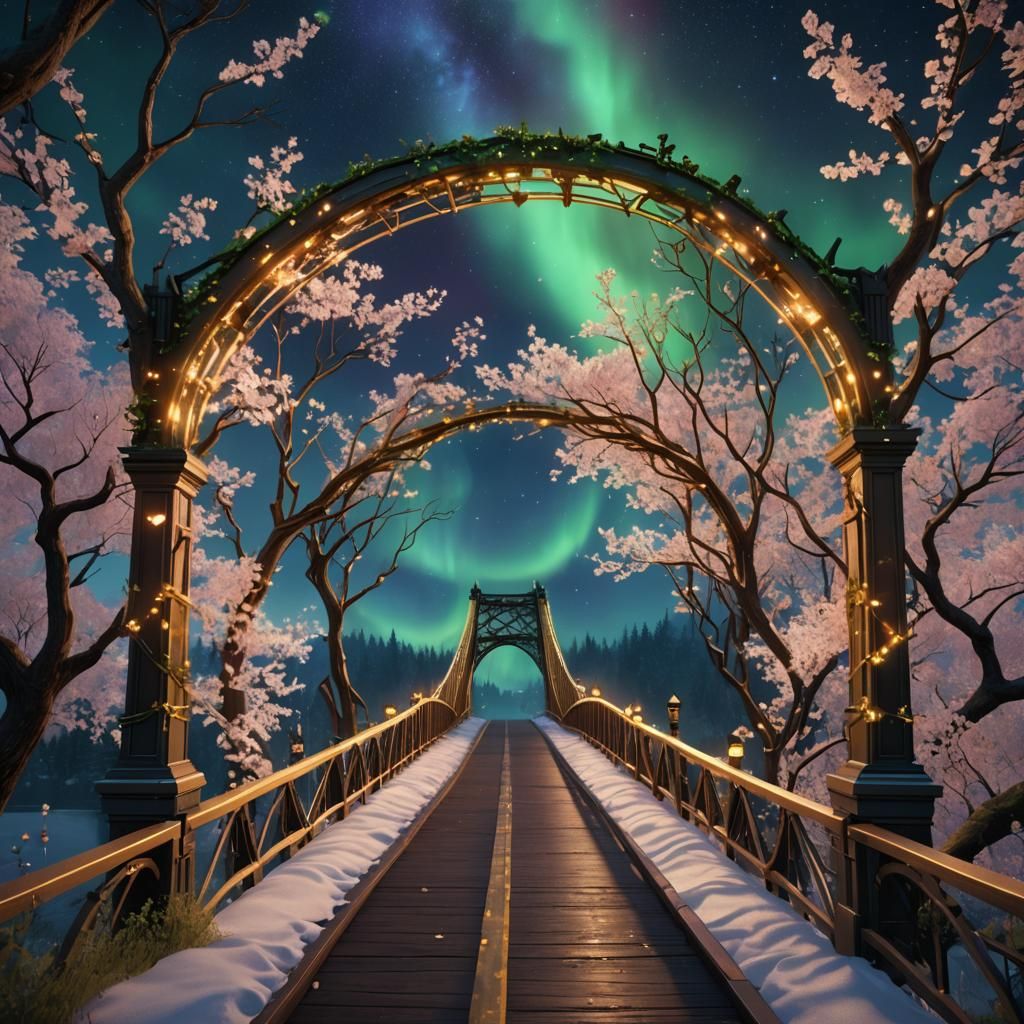 Aurora Bridge with Floating Lights in Fantasy Style