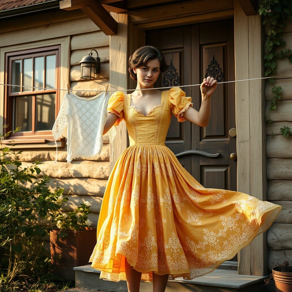 Masculine Young Man Hangs Laundry in Front of a Charming Old...