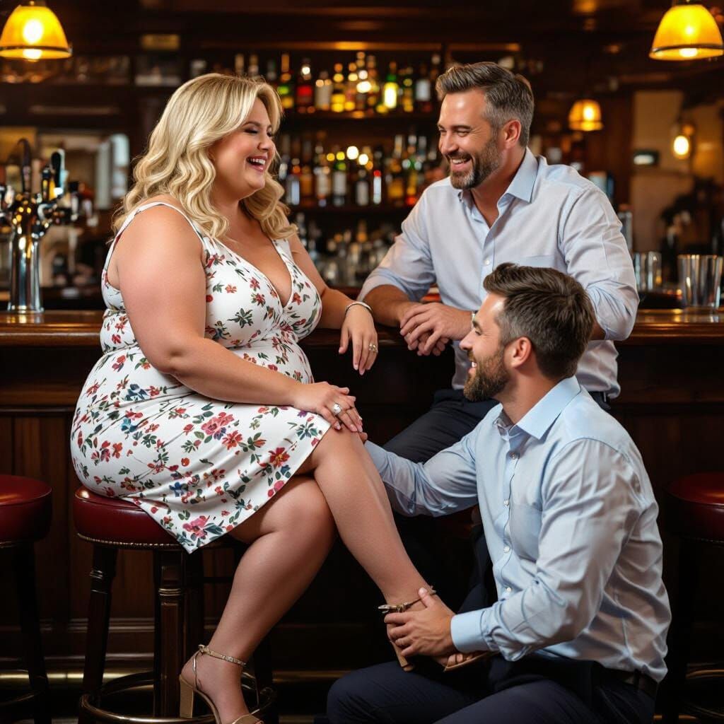 Mature Couple Laughing in Bar with Admirer at Feet