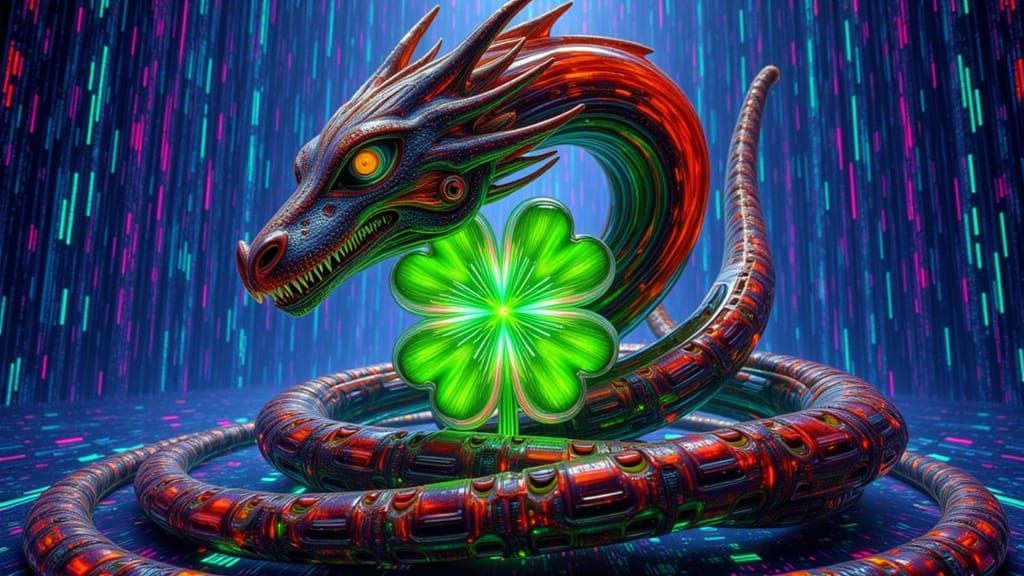 Glitchcore Dragon with Clover in Abstract Style