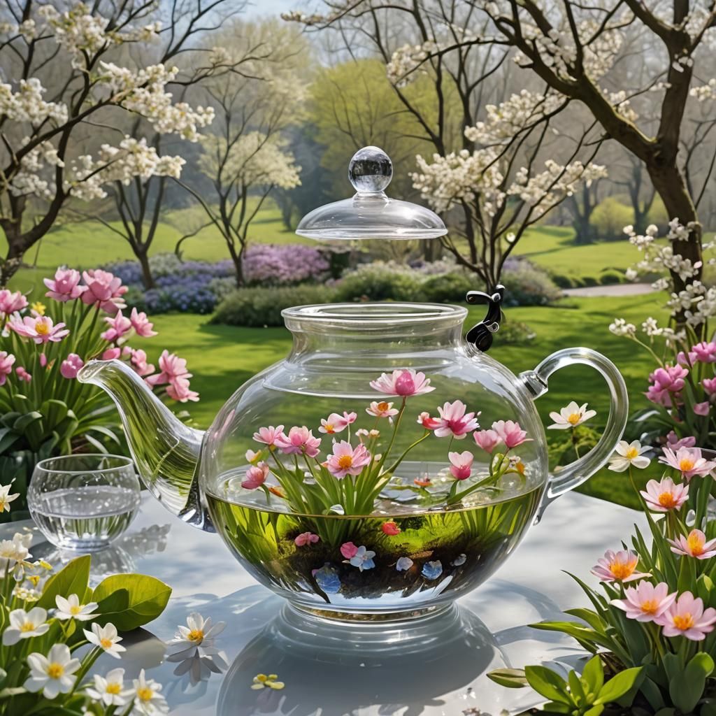Spring Landscape Overflowing from Crystal Teapot