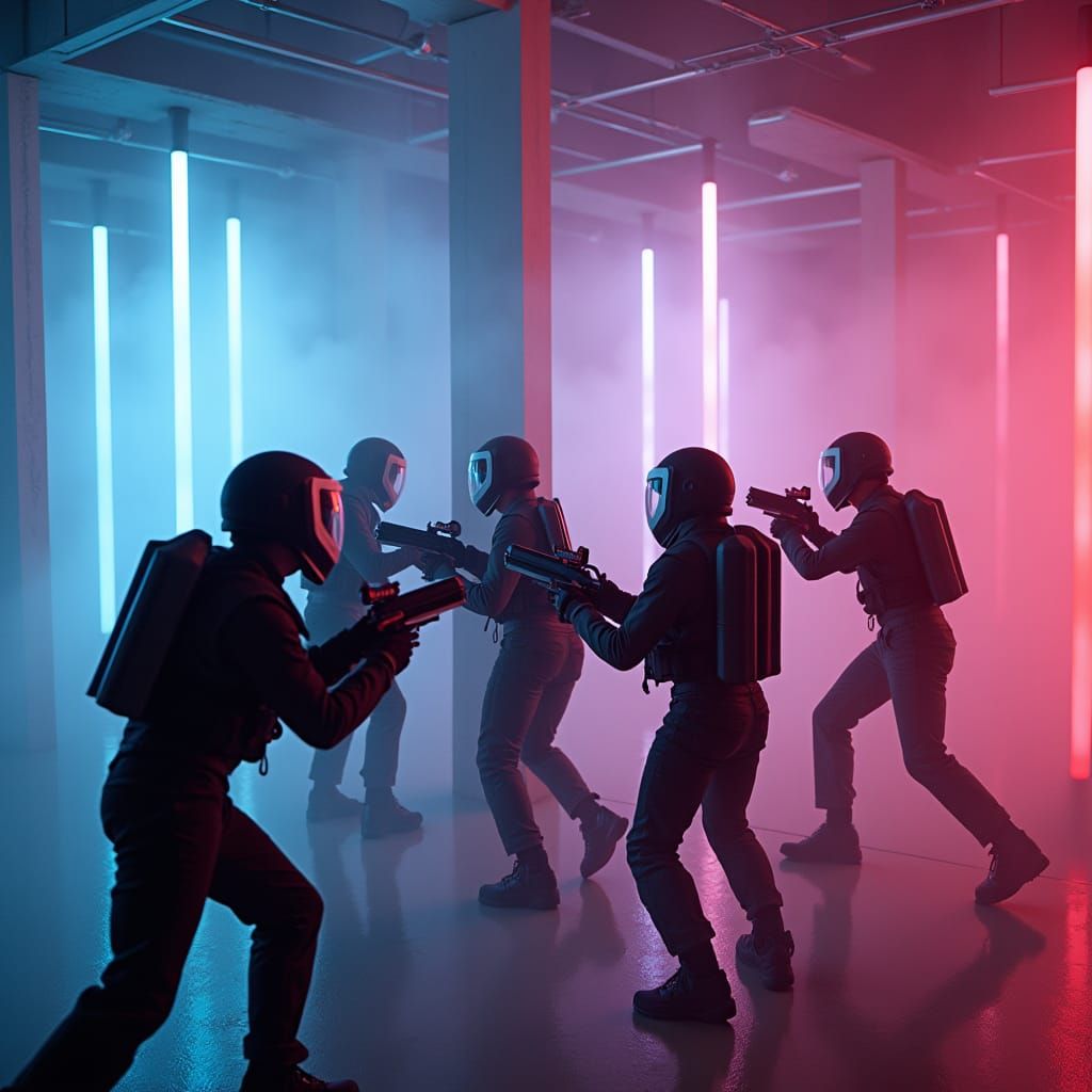 Friends Playing Laser Tag in Neon Arena, Syd Mead Style