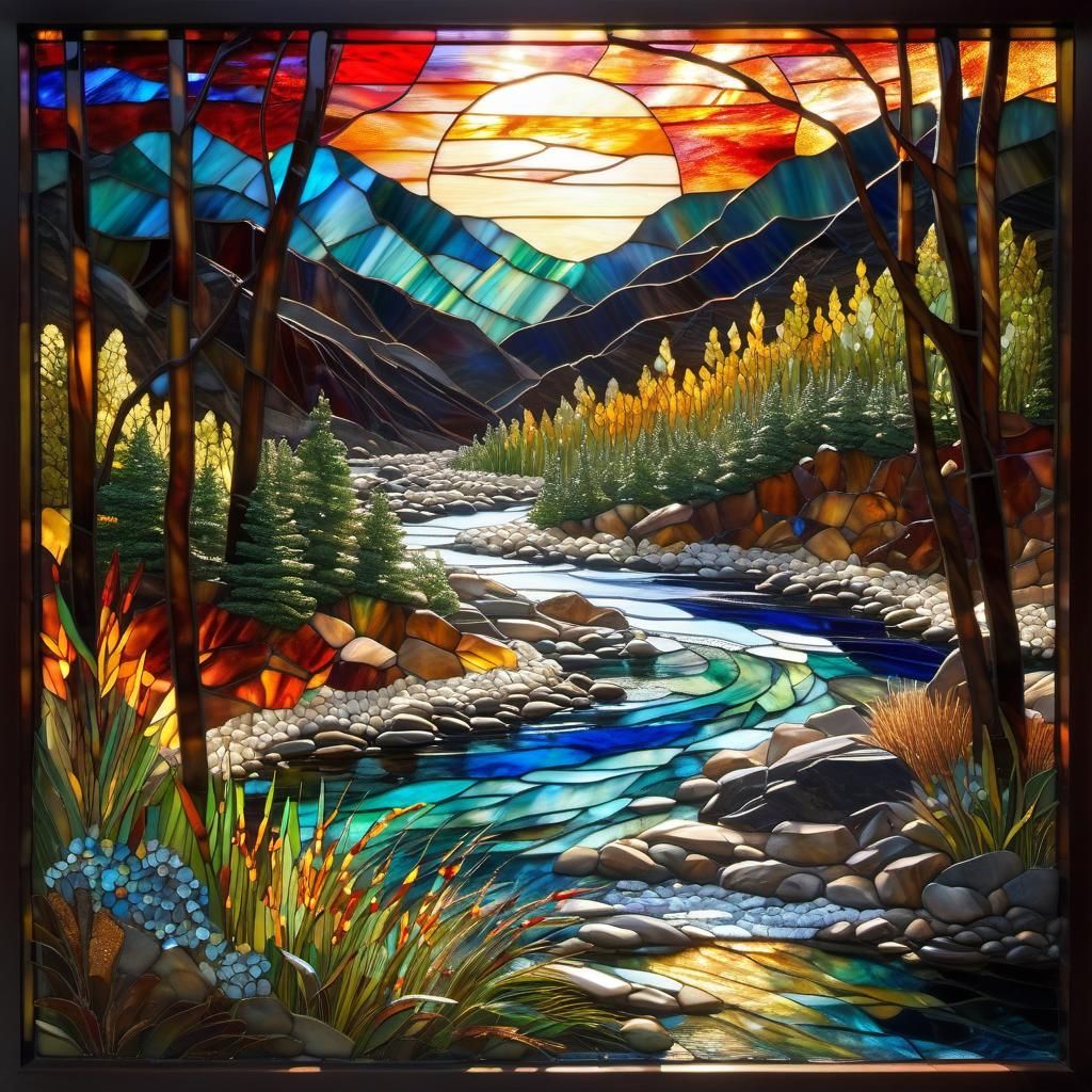 Vibrant Glass-Stained Encaustic River Landscape