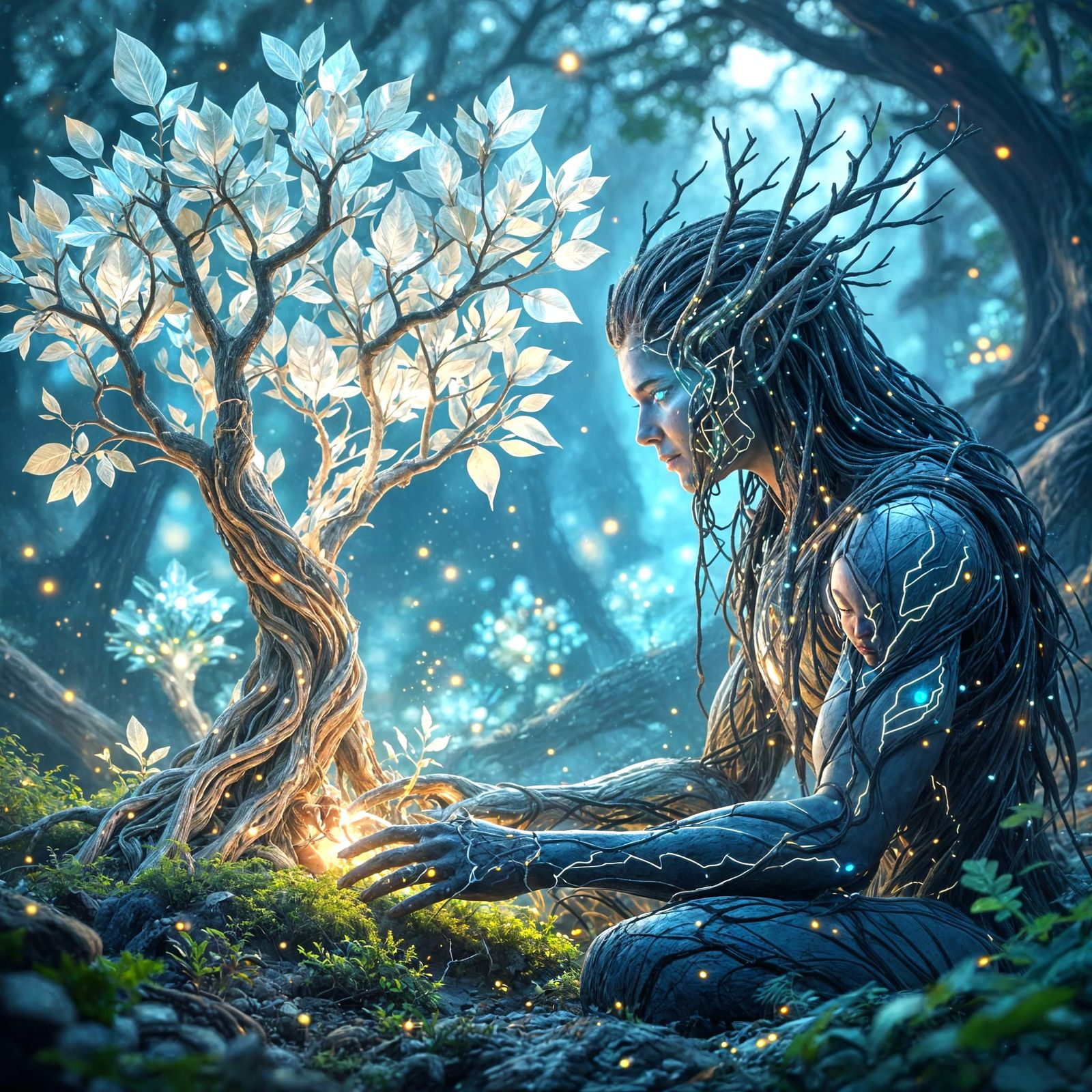 AI Druid in Crystalline Grove, Hyper-Fantasy Style