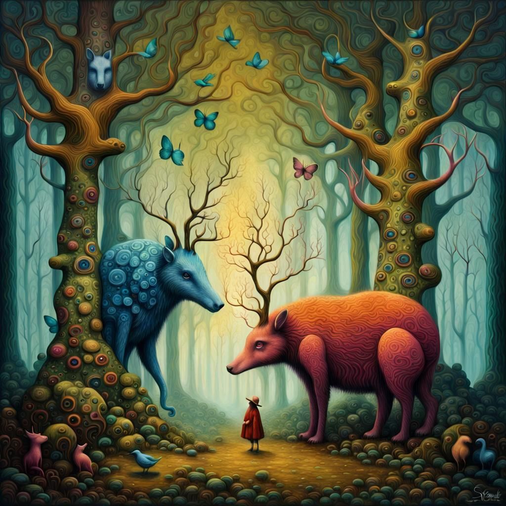 Enchanted Forest: Surrealist Painting of Animals