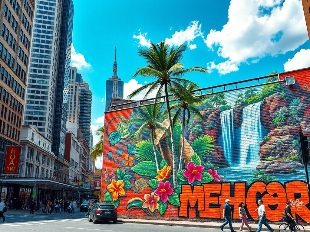 Tropical Oasis Graffiti in Urban Cityscape