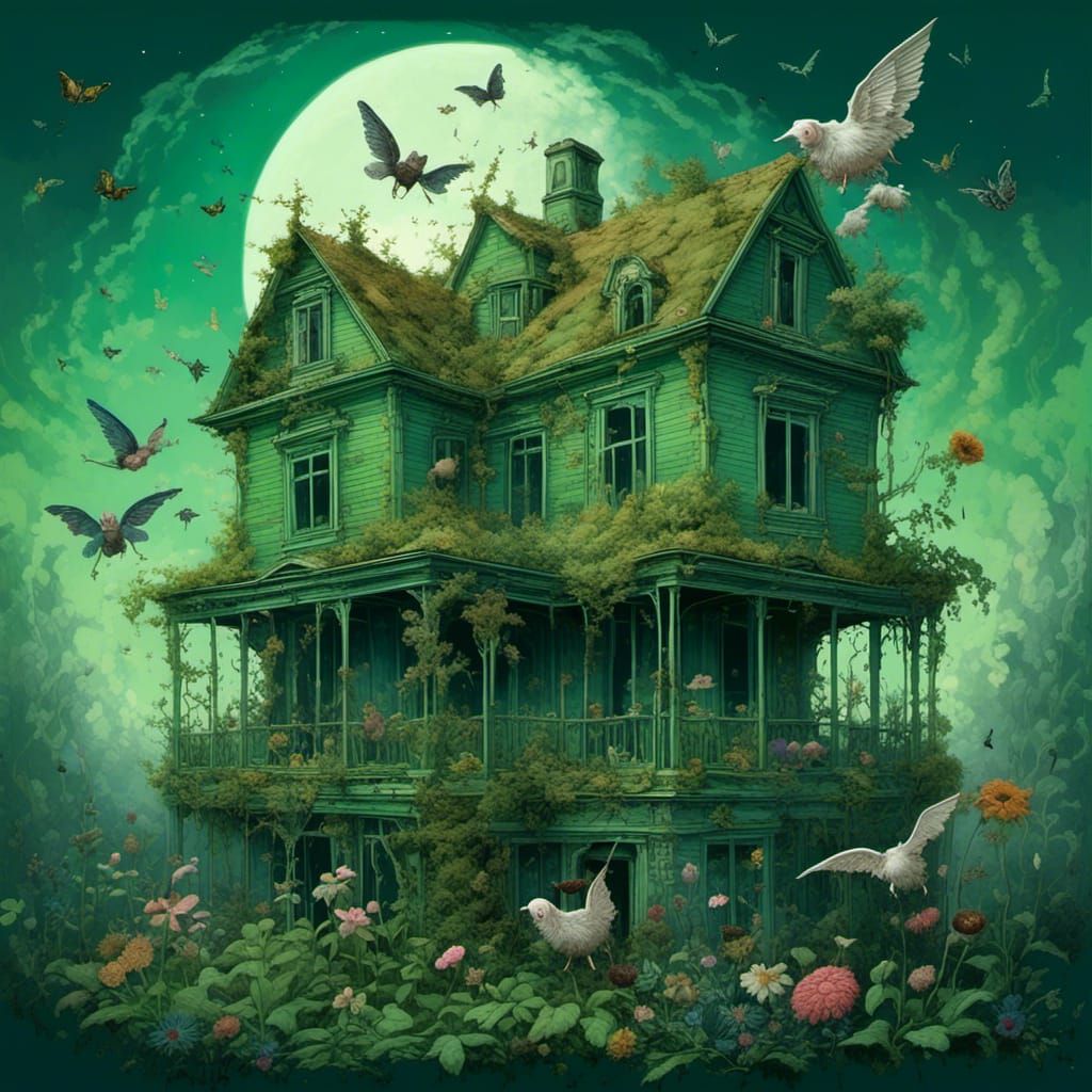 Overgrown Greenhouse with Flying Animals