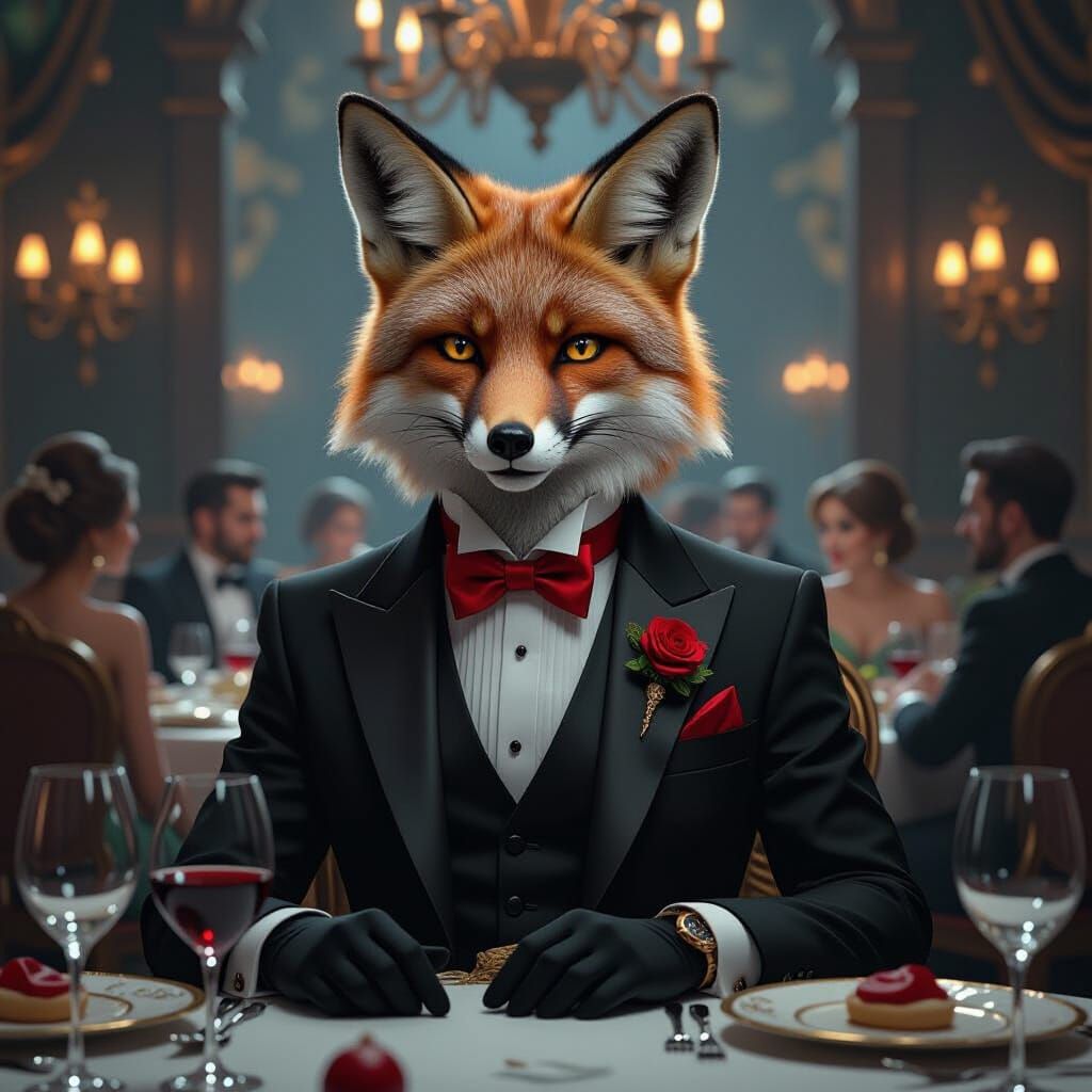 Stylish Fox in Tuxedo at Opulent Dinner Party