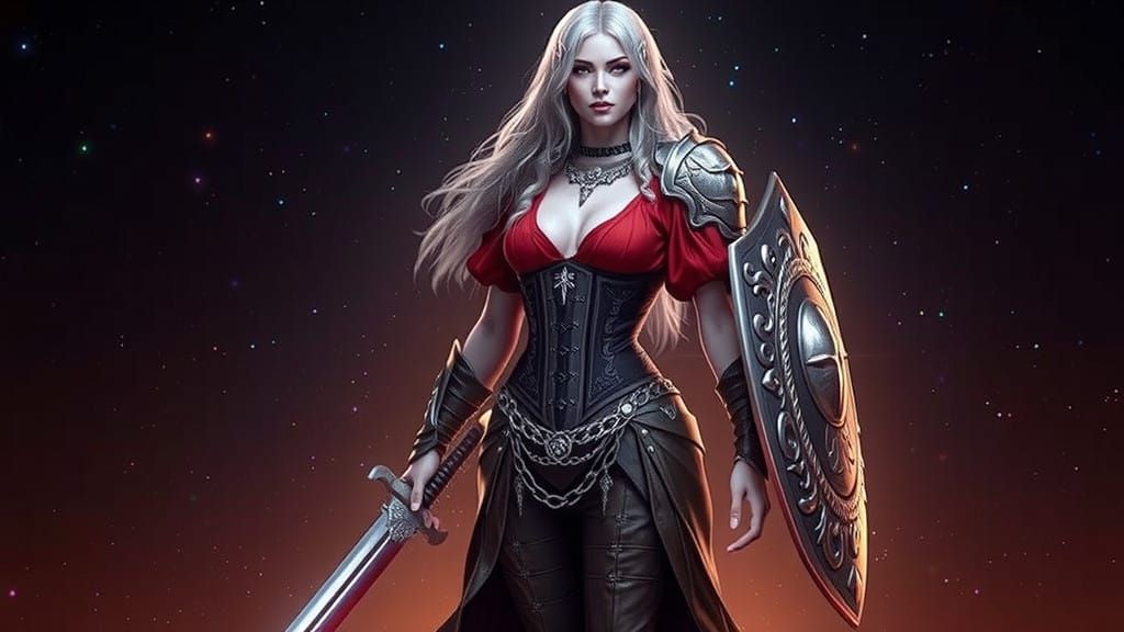 Ethereal Aasimar Goddess in Resplendent Silver and Crimson A...