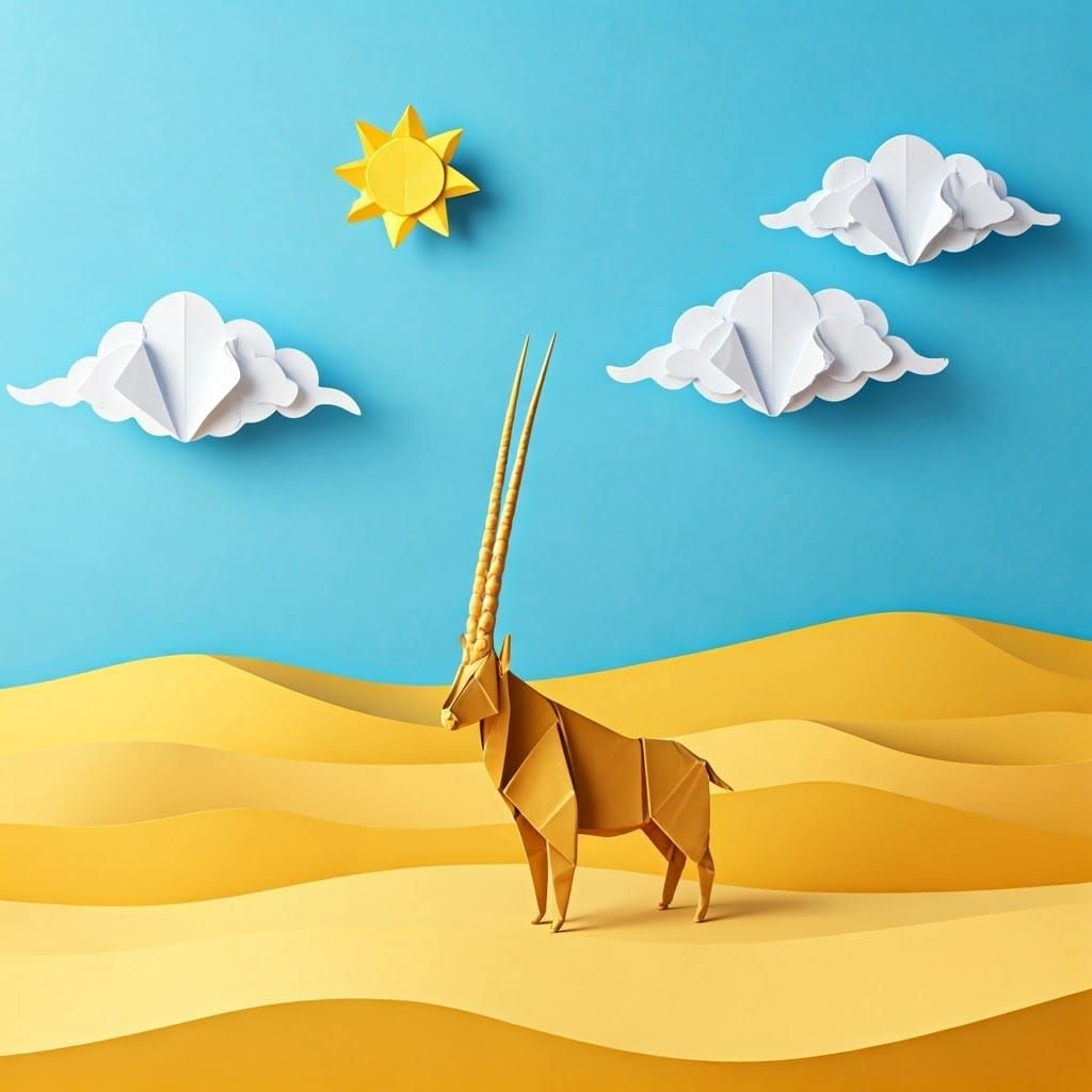 Origami Oryx in Golden Desert Landscape, Minimalist Papercra...