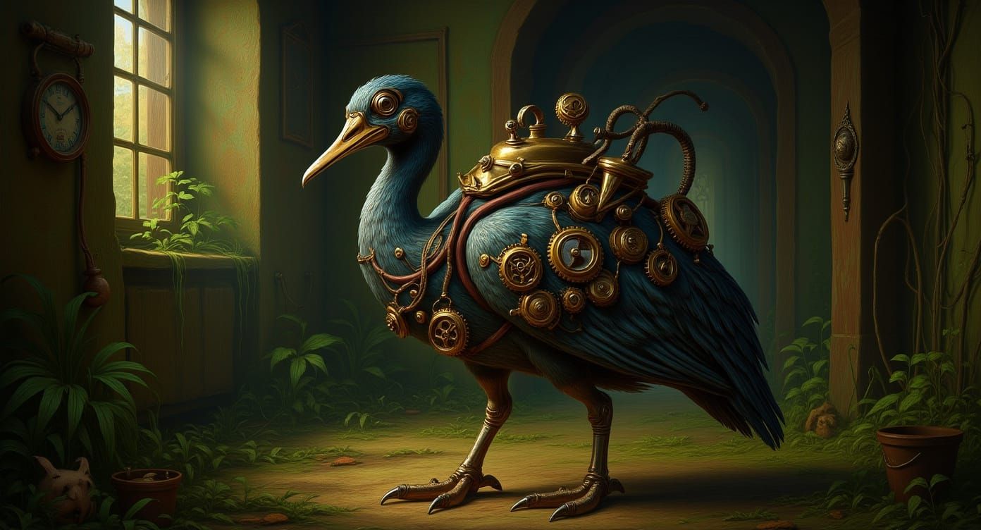 Steampunk Dodo Bird in Victorian Ruins: Hyperrealistic Graff...