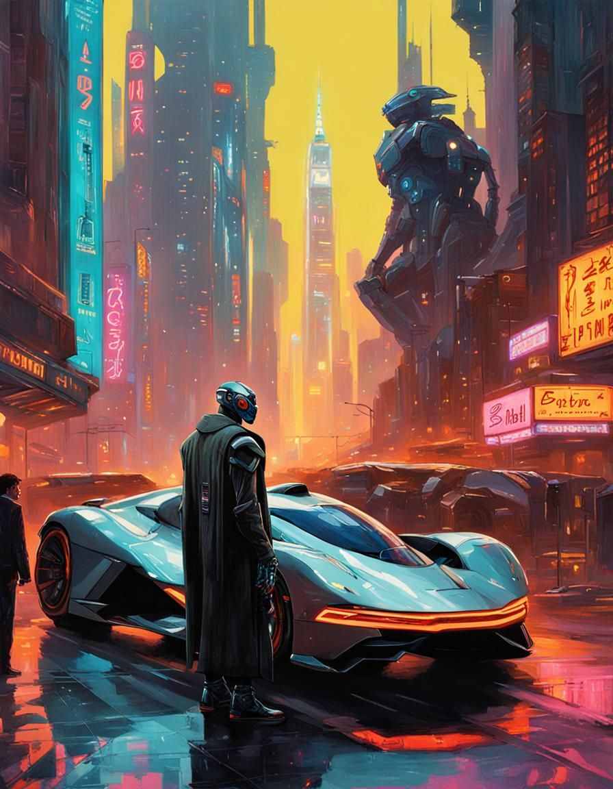 Robot and Hypercar in Cyberpunk Cityscape