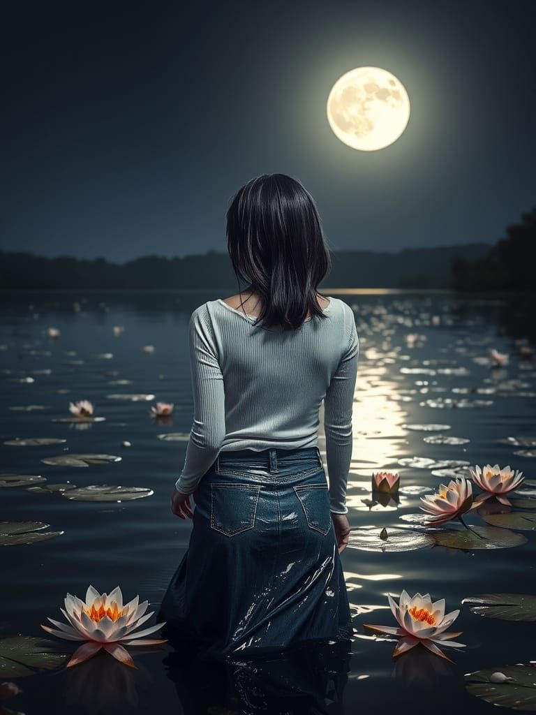 Thai Woman Bathers in Moonlit Lake at Night
