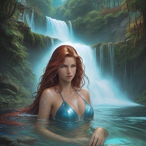 Radiant Woman in Waterfall: Comic Book Art
