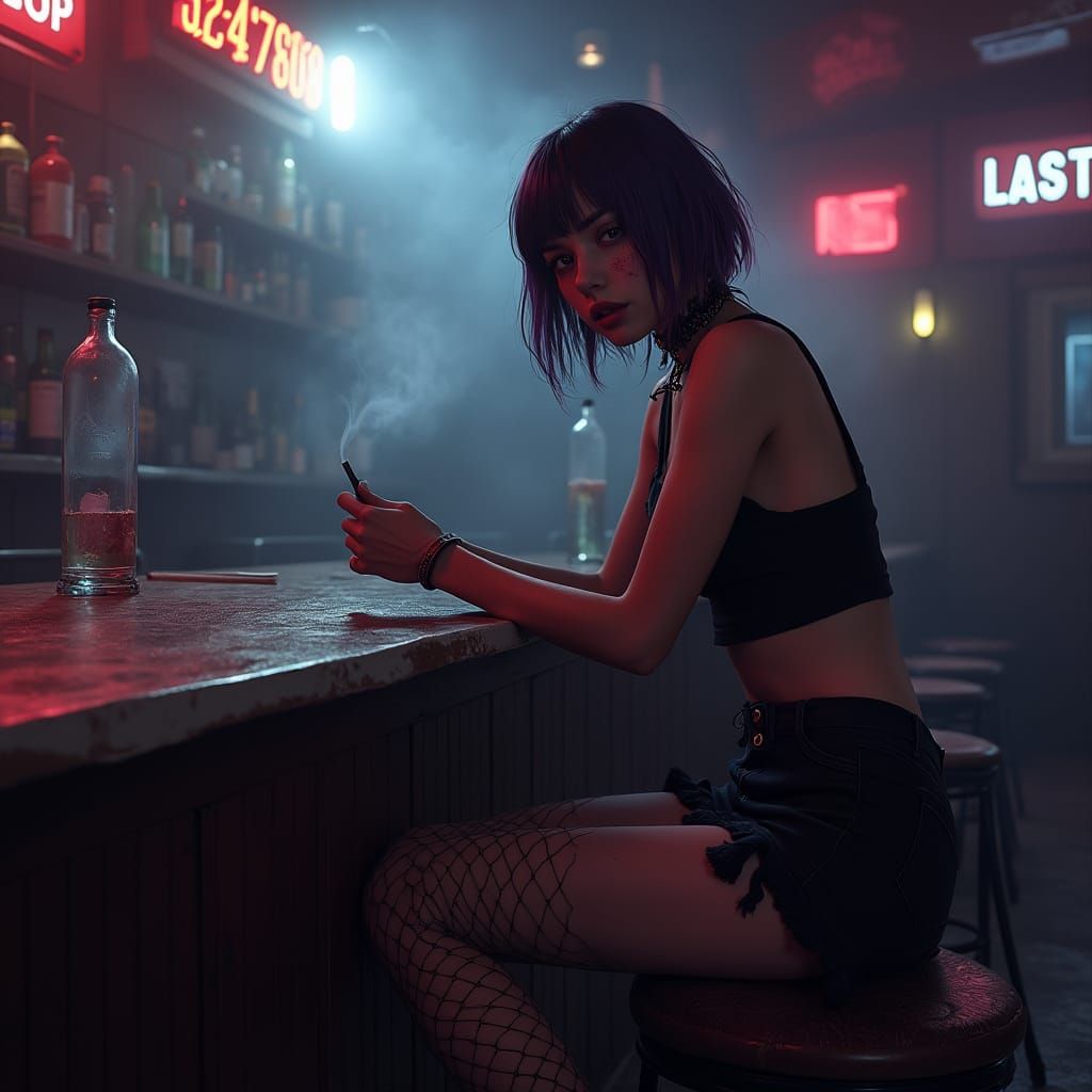 Melancholic Woman in Dimly Lit Cyberpunk Bar